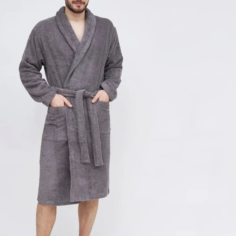 Solid Color Lapel Long Bathrobe with Breathable Casual Fit for Men's Loungewear
