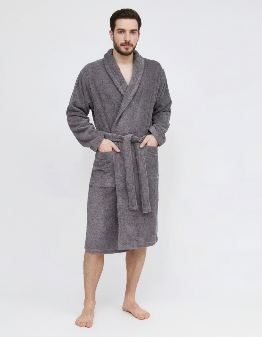 Solid Color Lapel Long Bathrobe with Breathable Casual Fit for Men's Loungewear