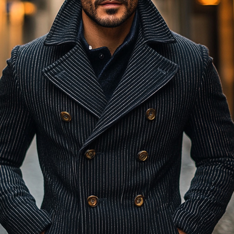 Double-Breasted Striped Winter Coat with Breathable Casual Fit for Men's Wear