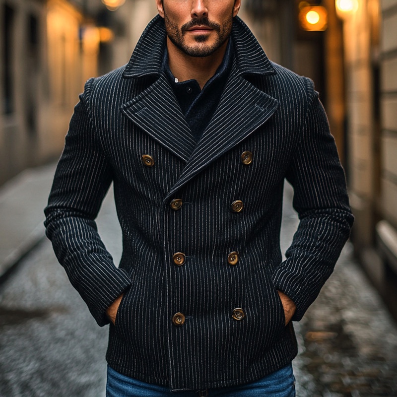 Double-Breasted Striped Winter Coat with Breathable Casual Fit for Men's Wear