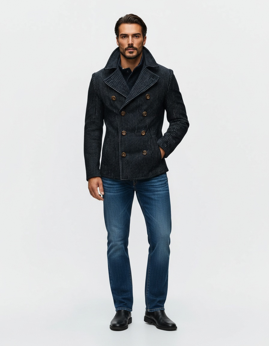 Double-Breasted Striped Winter Coat with Breathable Casual Fit for Men's Wear