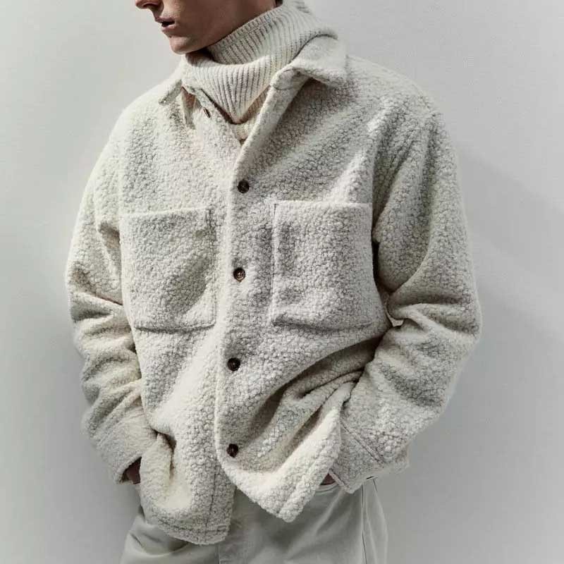 Cappotto invernale casual da uomo in lana d'agnello con risvolto, per calore e comfort.