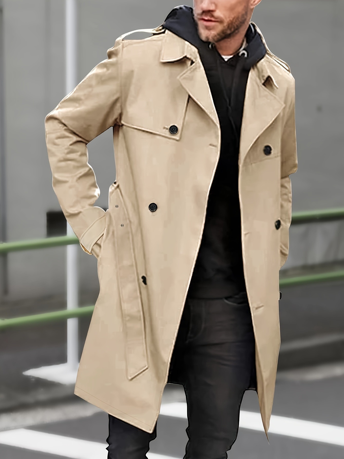 Double-Breasted Lapel Trench Coat with Casual Tie for Men's Winter Wear