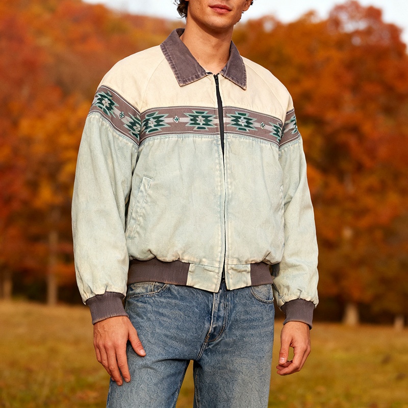 Retro winterjas met print, revers en ritssluiting voor heren, casual kleding