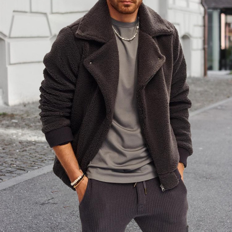 Lamswollen fleecejas met ritssluiting, casual winterjas voor heren.