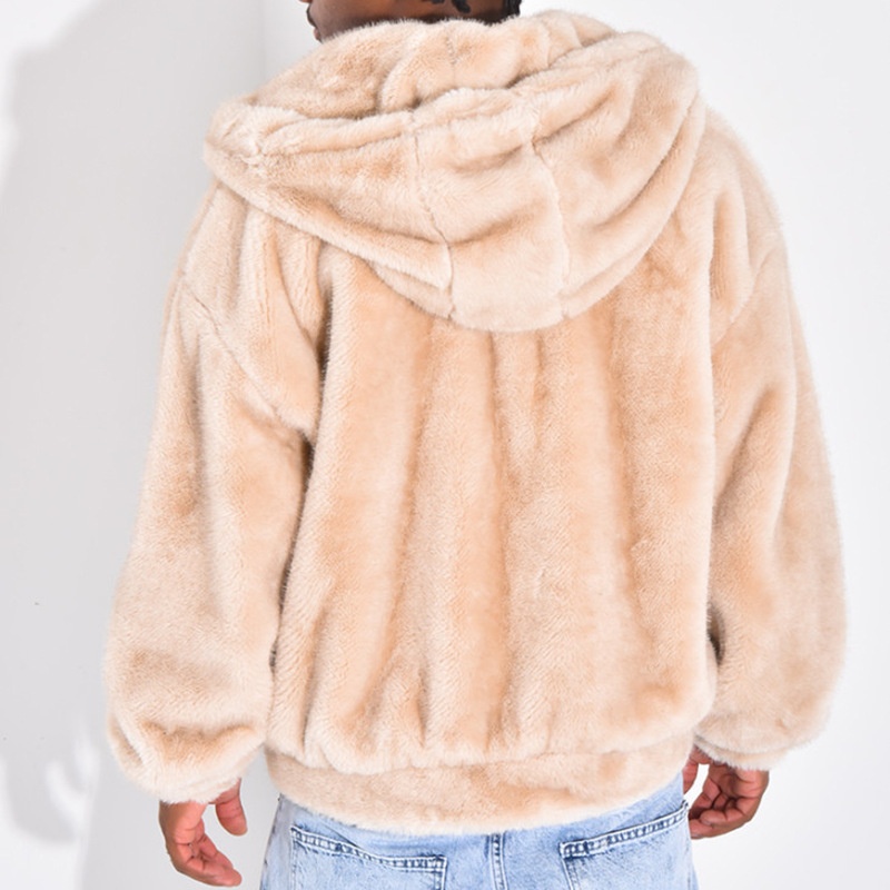 Plush Fluffy Hooded Zip-Up Winter Jacket for Men's Casual Warmth