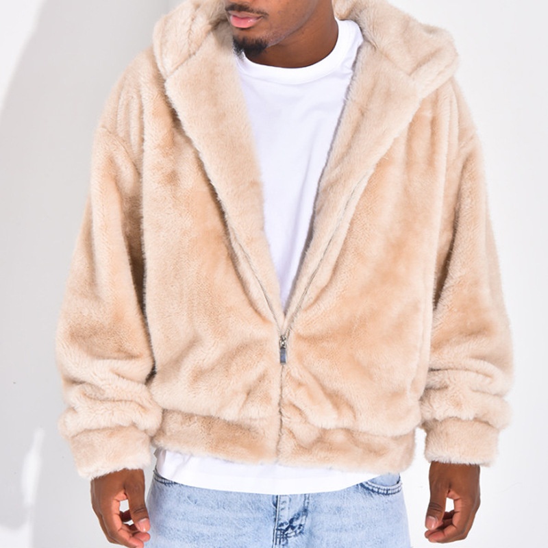 Plush Fluffy Hooded Zip-Up Winter Jacket for Men's Casual Warmth