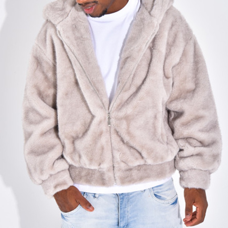Plush Fluffy Hooded Zip-Up Winter Jacket for Men's Casual Warmth