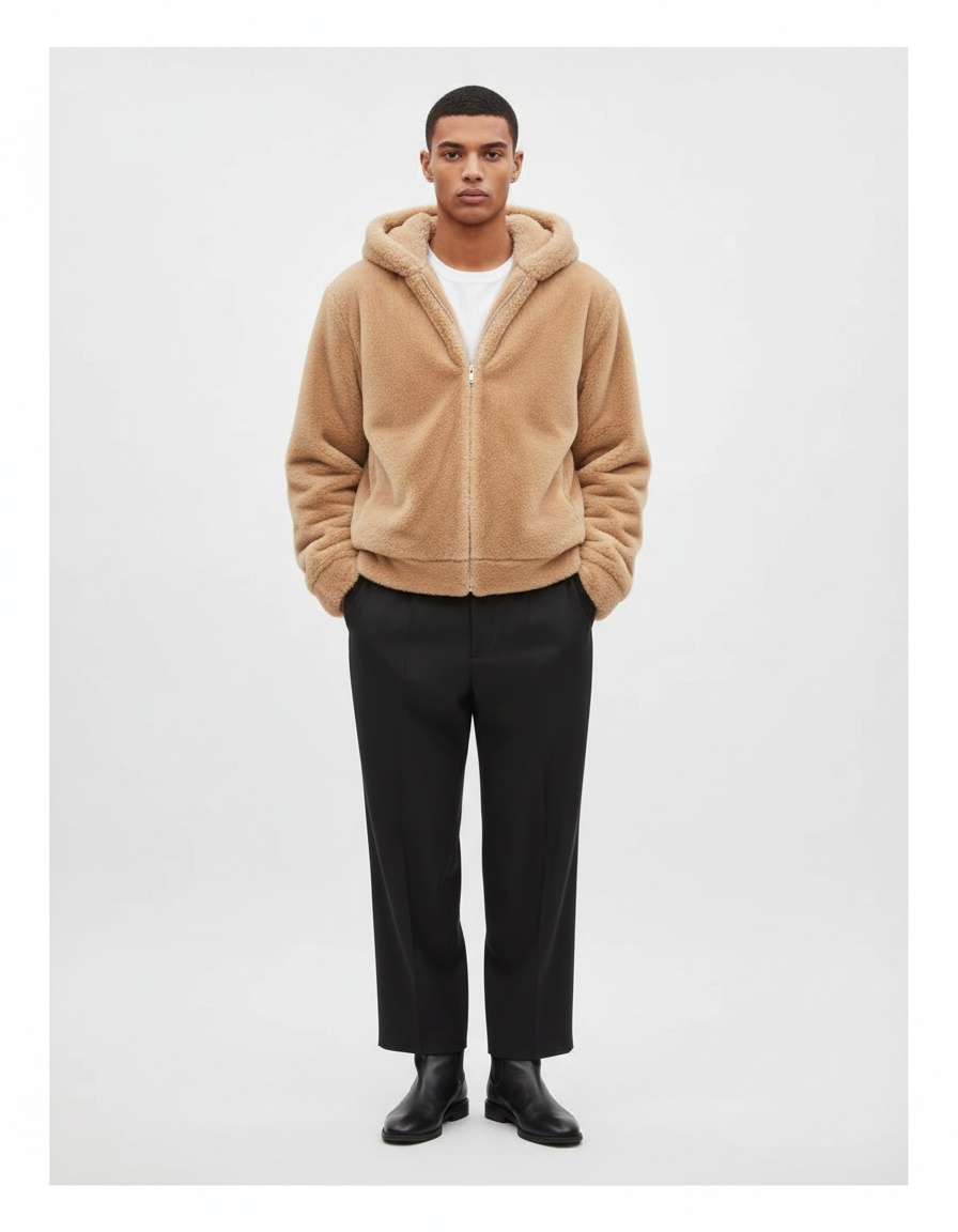 Plush Fluffy Hooded Zip-Up Winter Jacket for Men's Casual Warmth