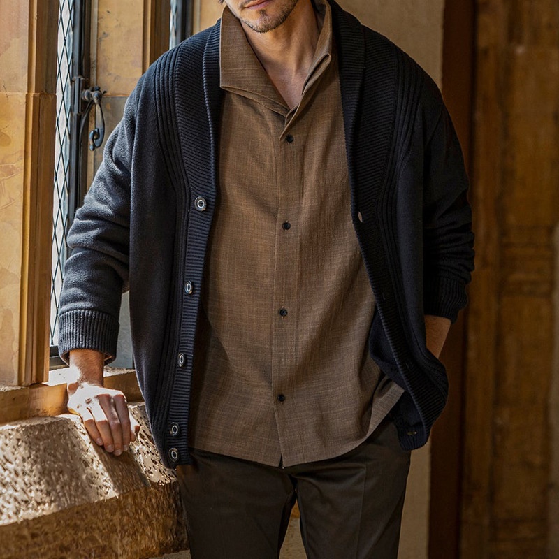 Single-Breasted Lapel Knitted Sweater for Men's Casual Winter Wear