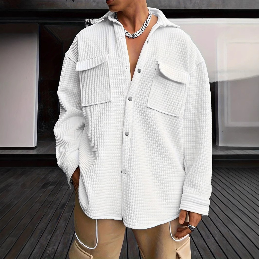 Waffle Fabric Long-Sleeve Shirt Jacket with Single-Breasted Casual Fit for Men's Early Spring Wear