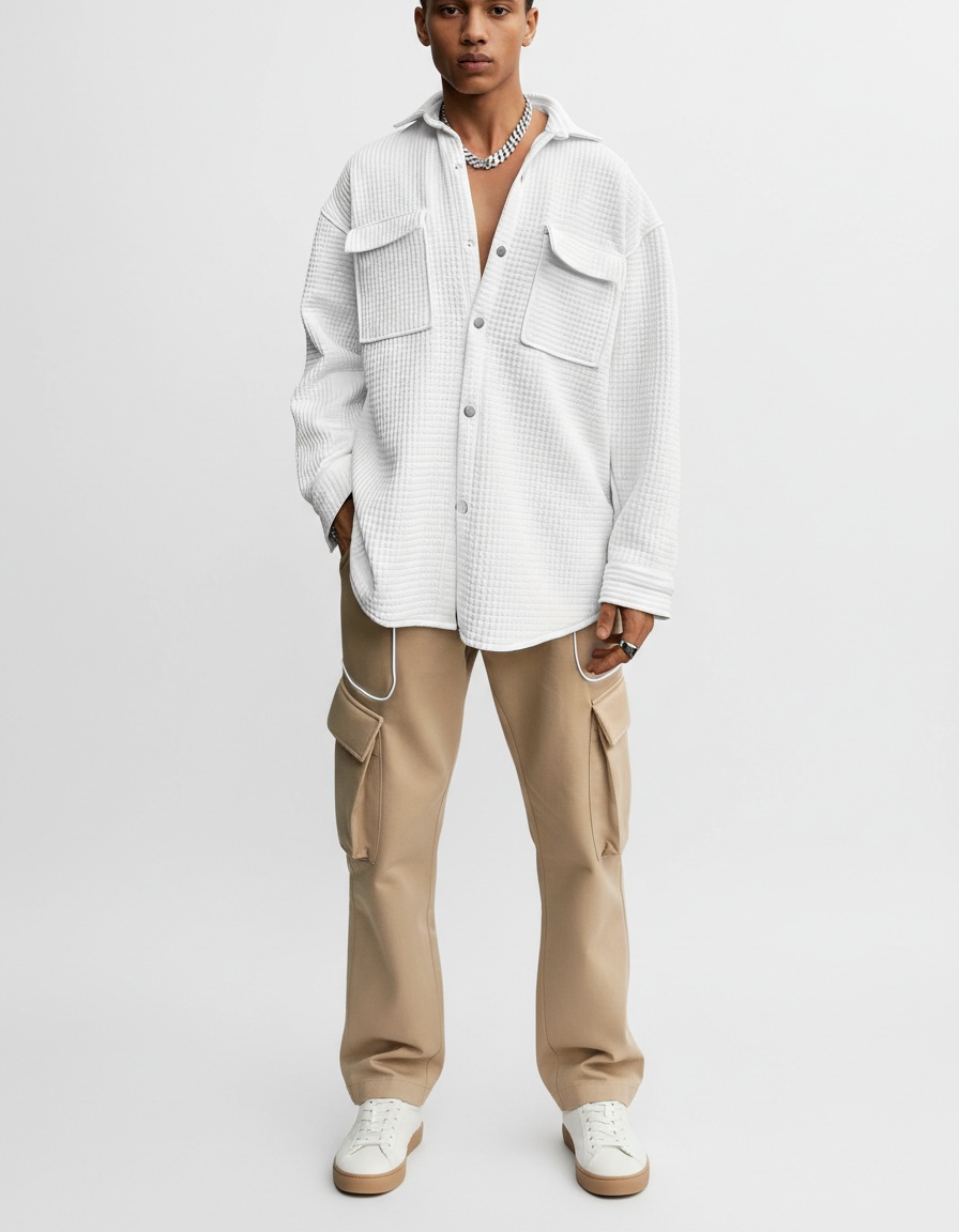 Waffle Fabric Long-Sleeve Shirt Jacket with Single-Breasted Casual Fit for Men's Early Spring Wear