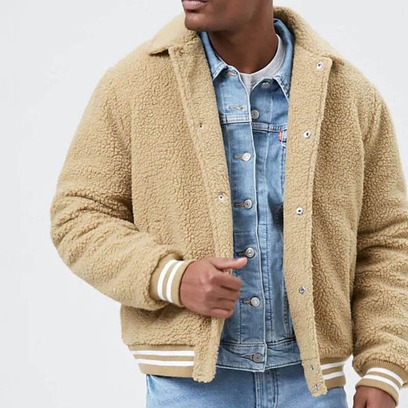 Fleece-Lined Shearling Jacket with Warm Casual Fit for Men's Winter Wear