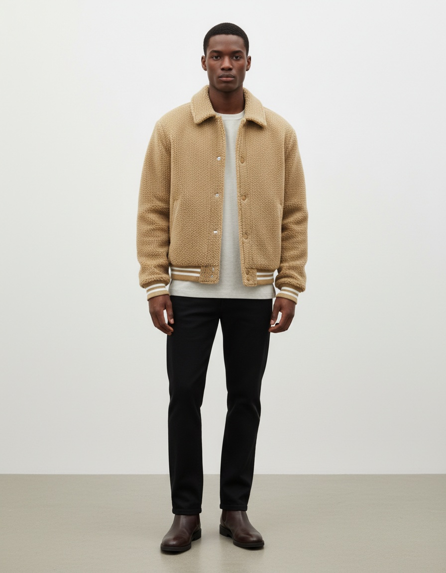 Fleece-Lined Shearling Jacket with Warm Casual Fit for Men's Winter Wear