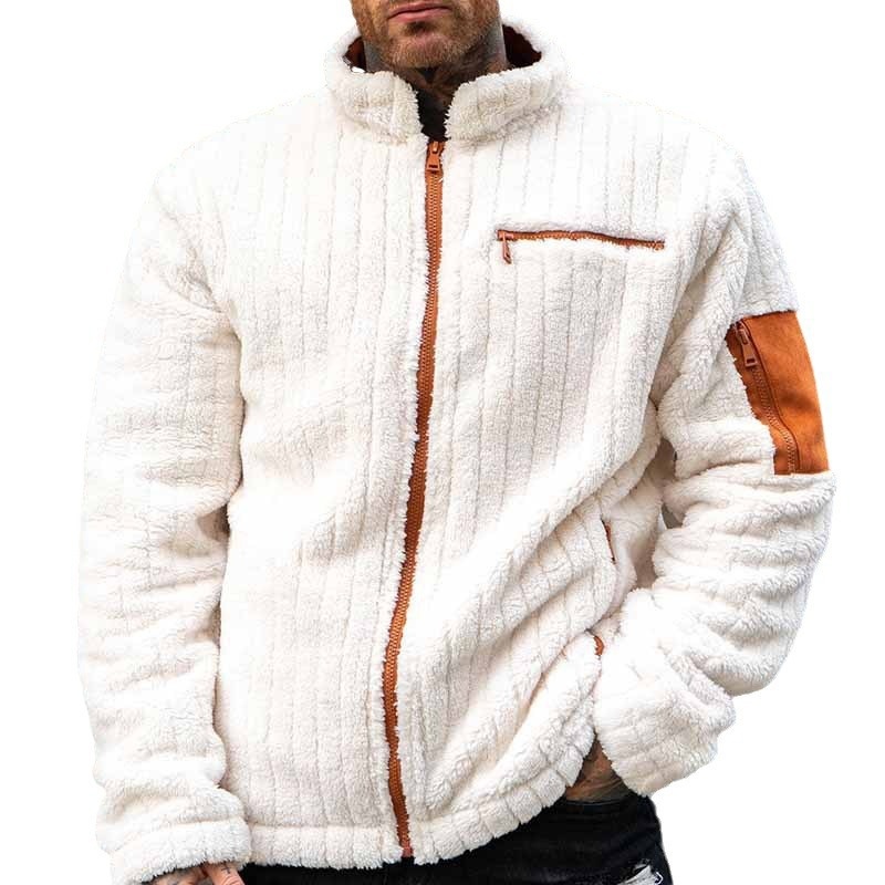 Color-Blocked Plush Winter Jacket with Warm Loose Fit for Men's Casual Wear