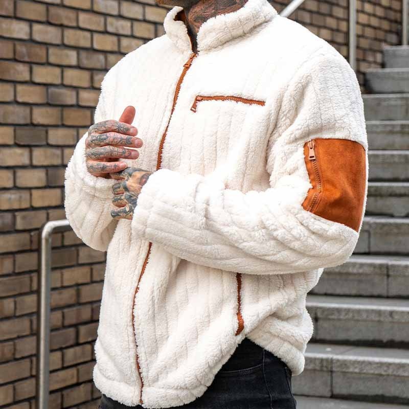 Color-Blocked Plush Winter Jacket with Warm Loose Fit for Men's Casual Wear