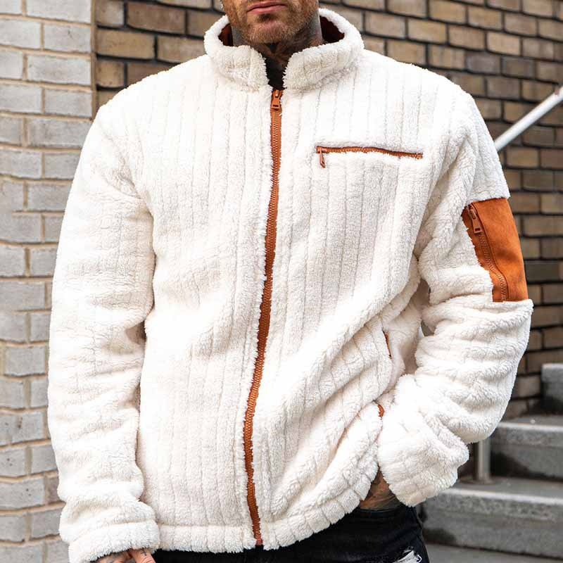 Color-Blocked Plush Winter Jacket with Warm Loose Fit for Men's Casual Wear