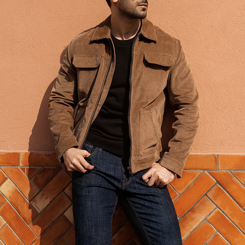 Corduroy Retro Lapel Jacket with Windproof Winter Fit for Men's Casual Wear