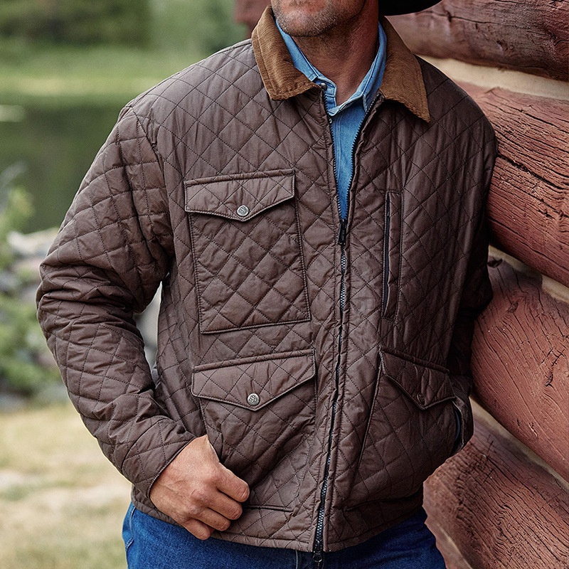 Diamond-Patterned Quilted Lapel Jacket for Men's Casual Winter Wear