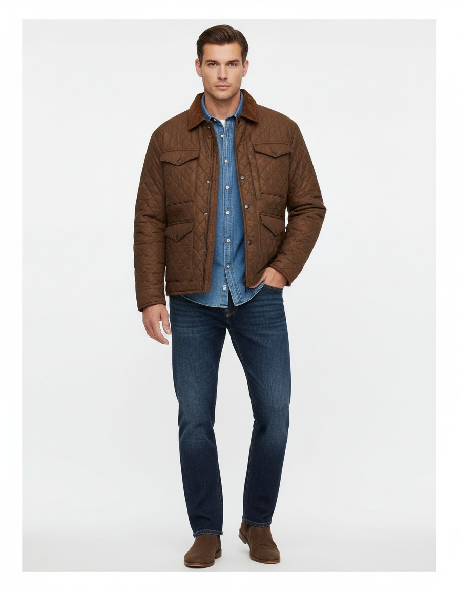 Diamond-Patterned Quilted Lapel Jacket for Men's Casual Winter Wear