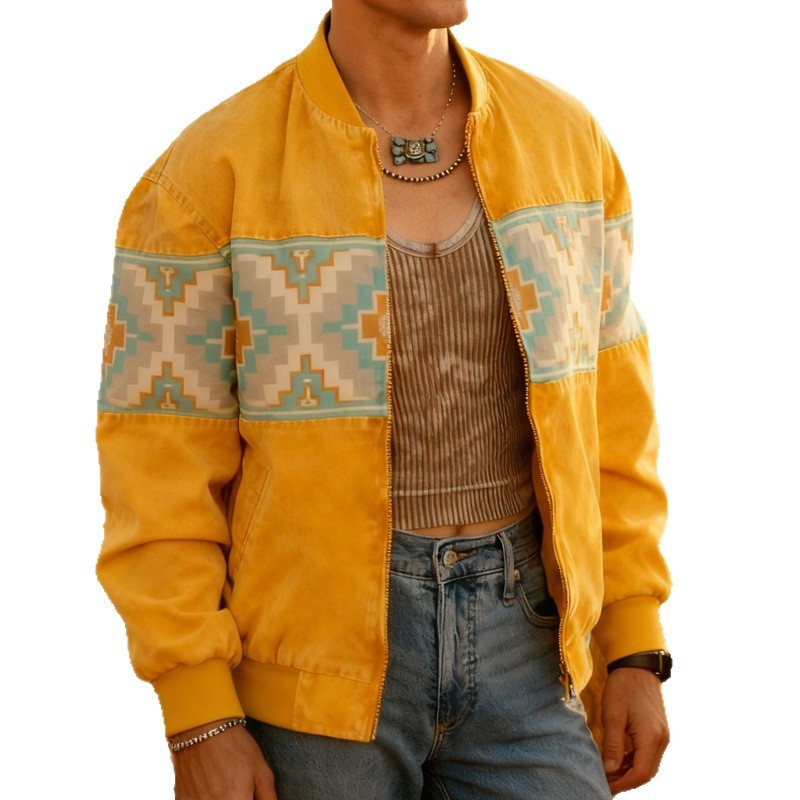 Loose Fit Printed Retro Jacket for Men's Casual Winter Style