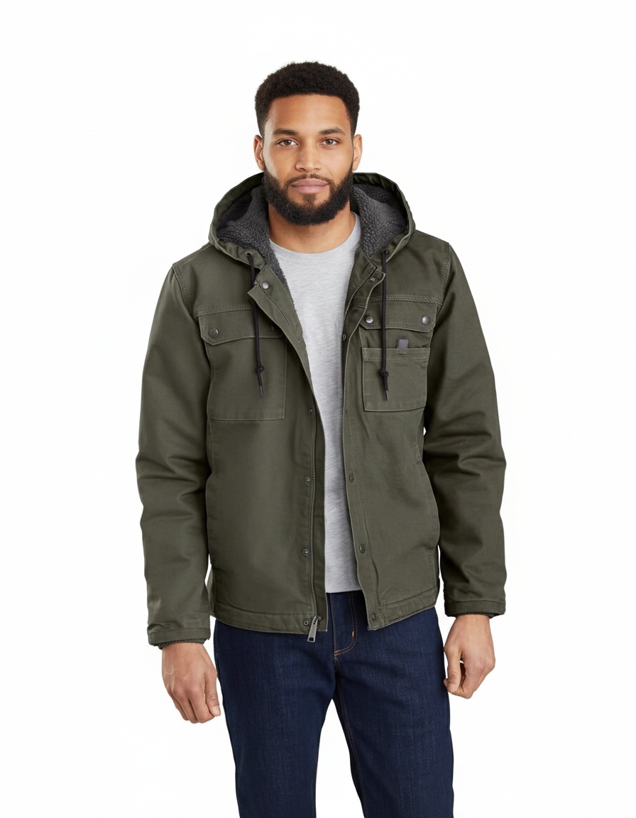 Cotton Blend Hooded Work Jacket for Men's Casual Winter Wear