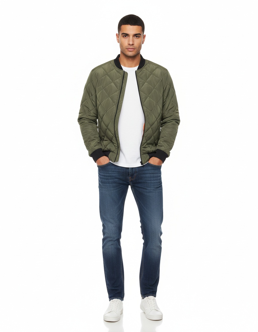 Quilted Plaid Winter Bomber Jacket with Light Padding for Menswear