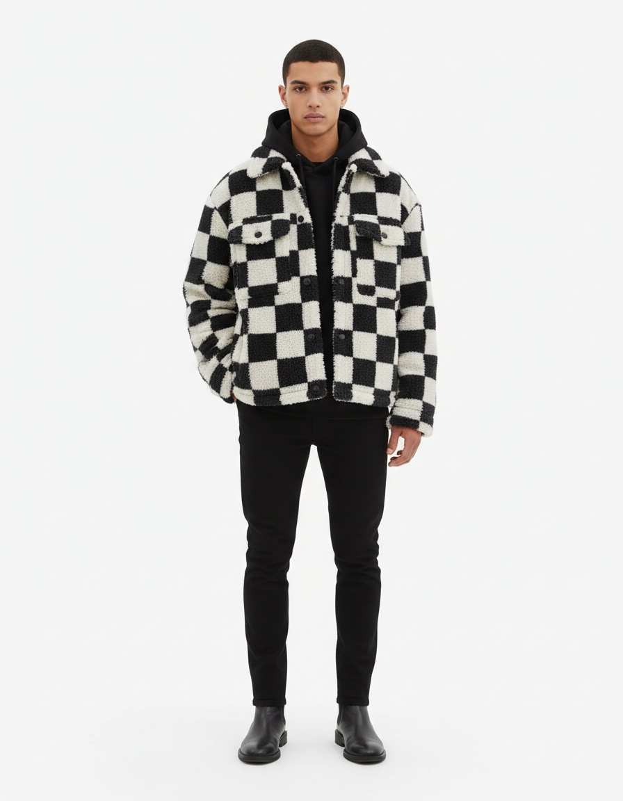 Black and White Plaid Loose Fit Casual Winter Jacket for Menswear