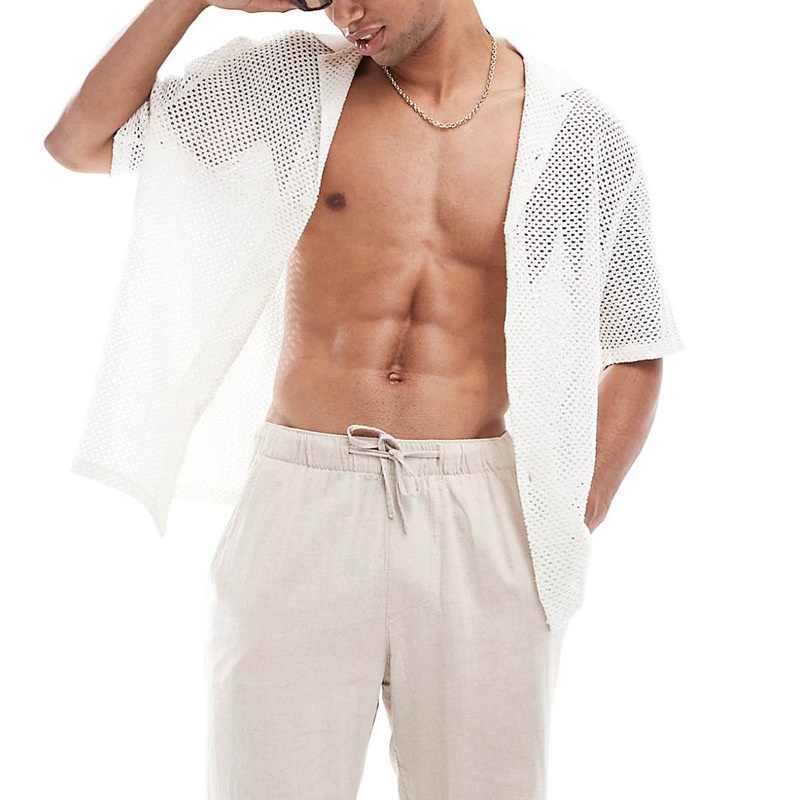 Gebreid overhemd met opengewerkt reversdesign voor heren, geschikt voor de lente en zomer.