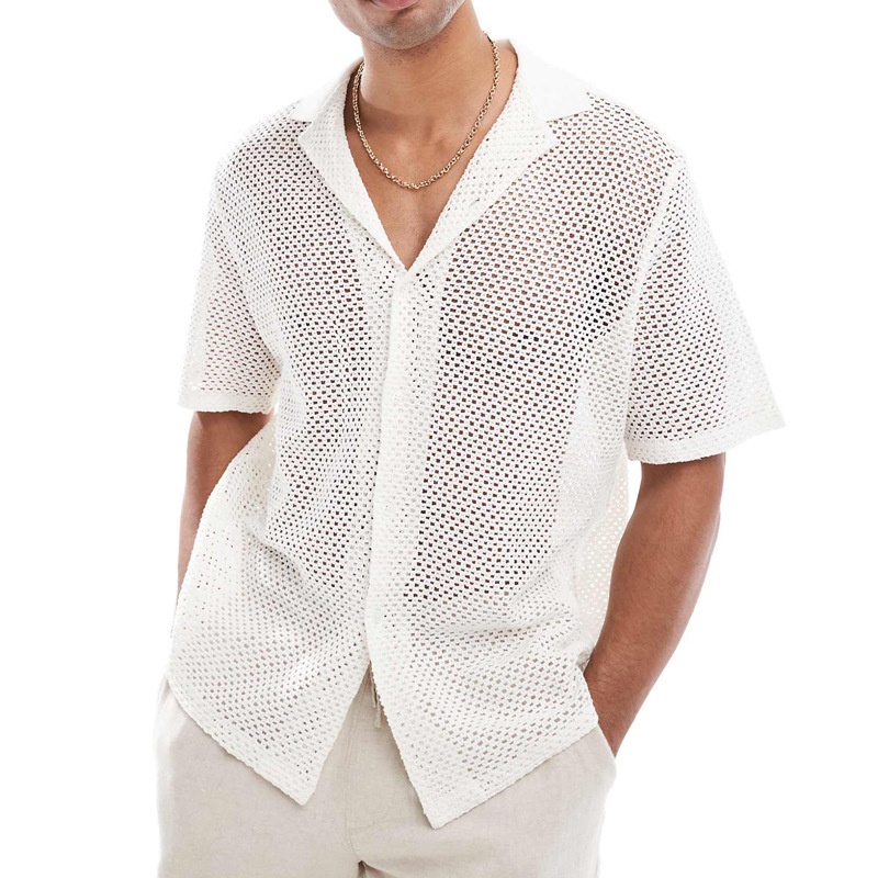 Gebreid overhemd met opengewerkt reversdesign voor heren, geschikt voor de lente en zomer.