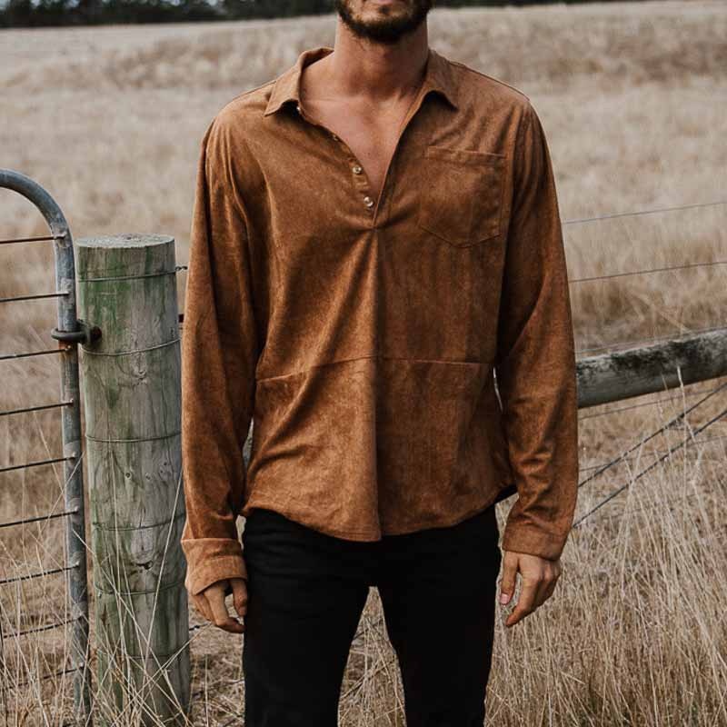 Cotton Blend Retro V-Neck Loose Fit Long-Sleeve Shirt for Men's Casual Winter Wear