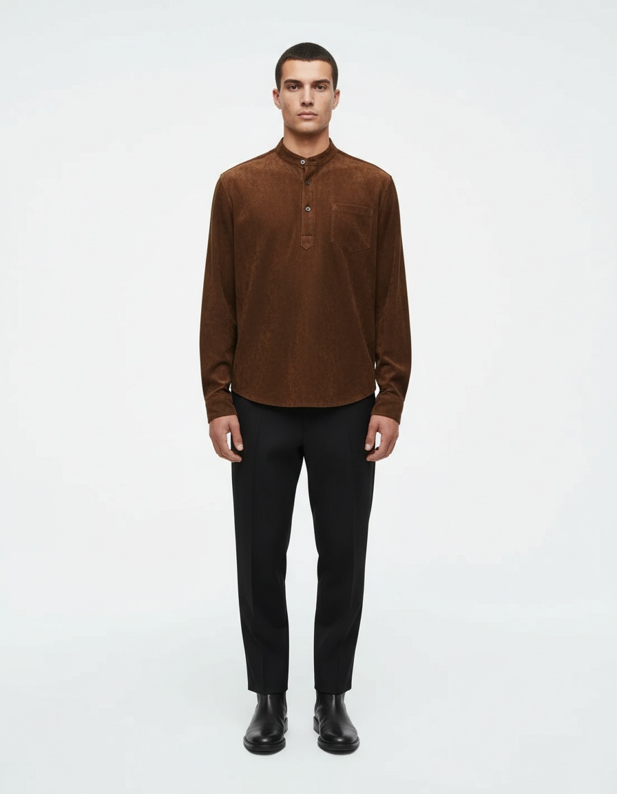 Cotton Blend Retro V-Neck Loose Fit Long-Sleeve Shirt for Men's Casual Winter Wear