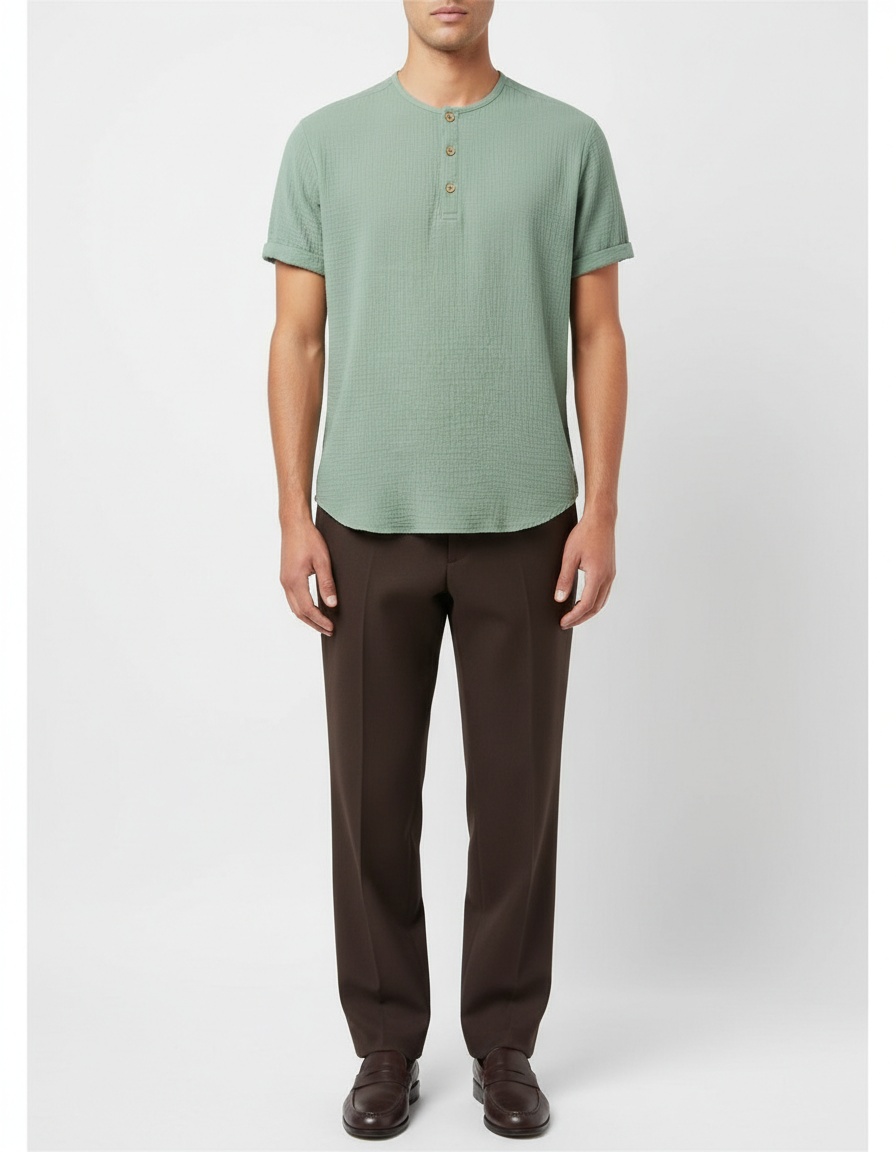 Effen Henley-shirt met ronde hals en casual knoopdetails voor heren, perfect voor de zomer.