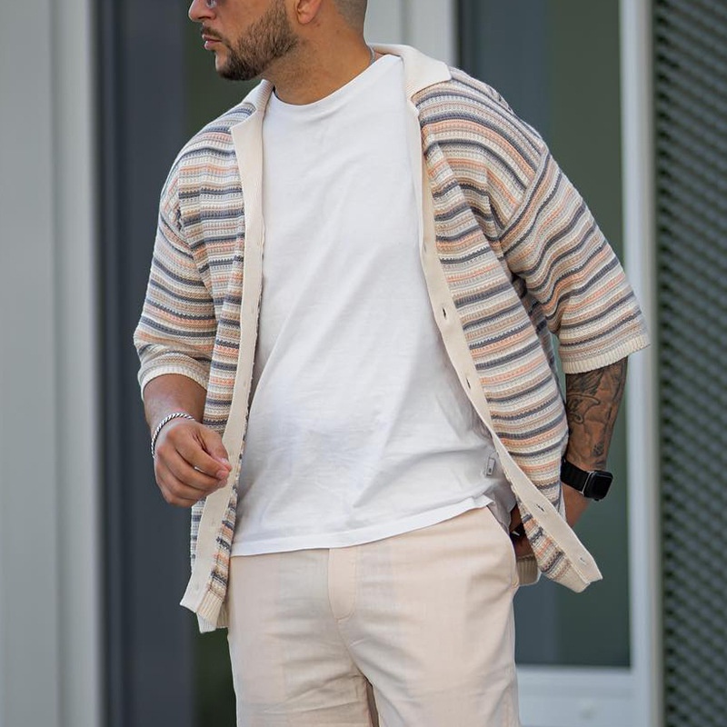 Hollow-Out Knit Slim Fit Short-Sleeve Shirt for Men's Casual Summer Wear