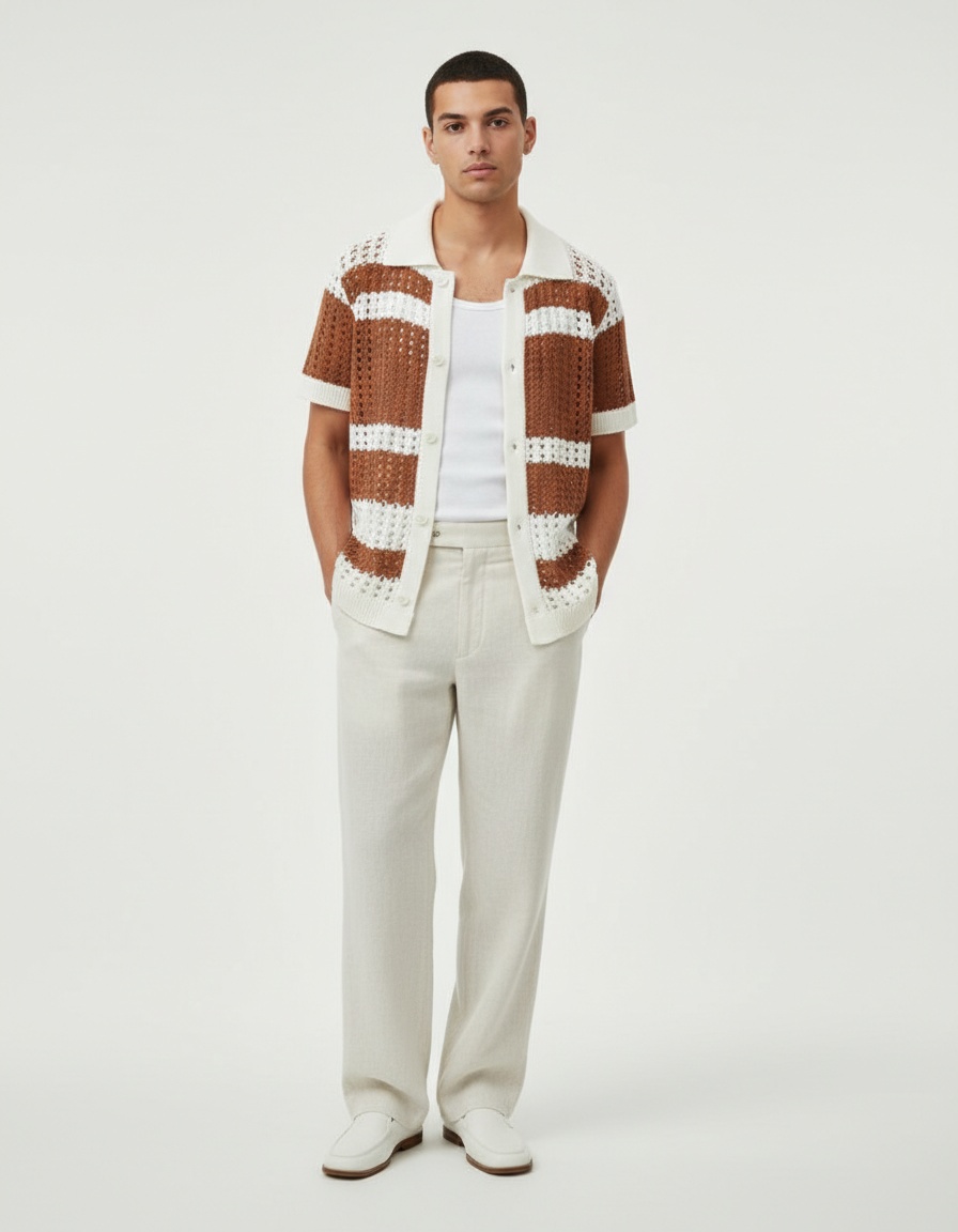 Chemise à manches courtes en maille ajourée, coupe ajustée, pour homme, idéale pour l'été décontracté.