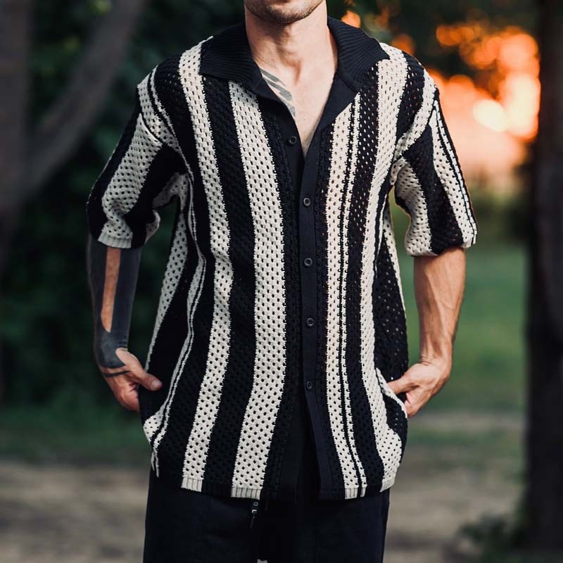 Chemise en maille patchwork rayée respirante à coupe rétro pour hommes