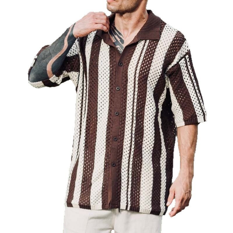 Chemise en maille patchwork rayée respirante à coupe rétro pour hommes