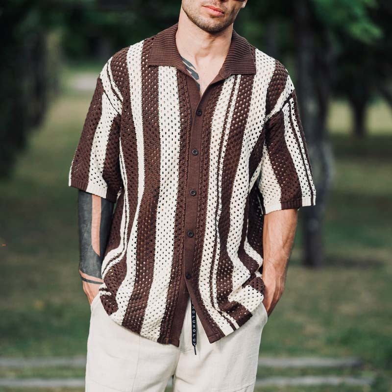 Chemise en maille patchwork rayée respirante à coupe rétro pour hommes