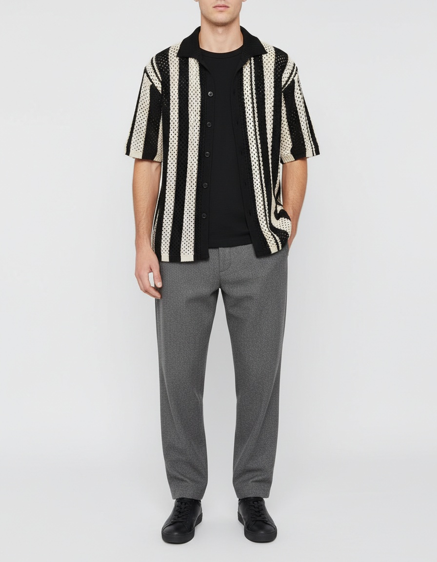 Chemise en maille patchwork rayée respirante à coupe rétro pour hommes