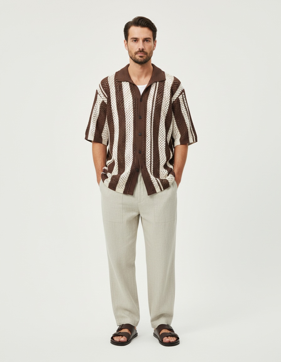 Chemise en maille patchwork rayée respirante à coupe rétro pour hommes