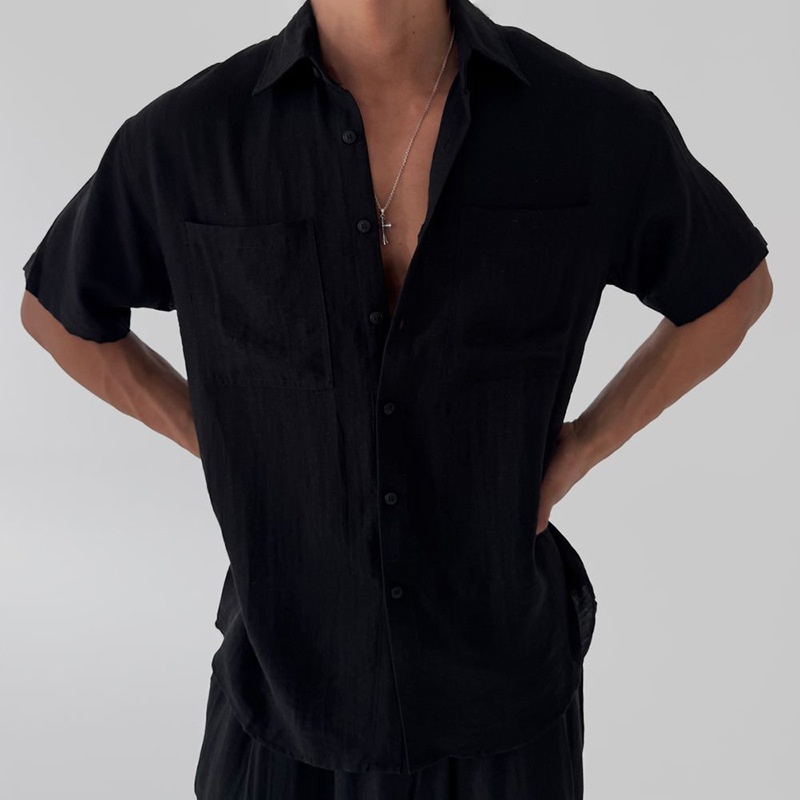 Loose Fit Cotton Blend Casual Suit with Collared Shirt and Trousers for Men's Summer Wear