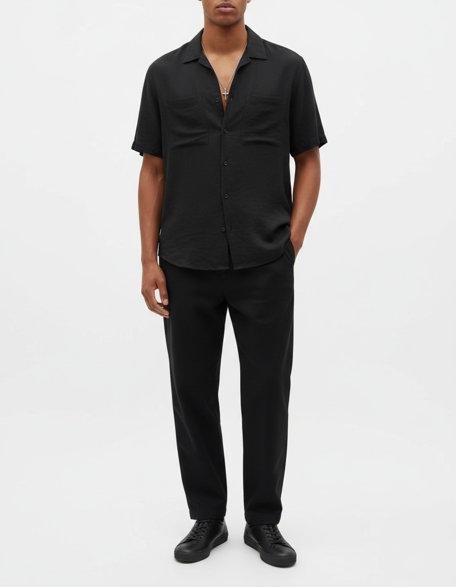 Loose Fit Cotton Blend Casual Suit with Collared Shirt and Trousers for Men's Summer Wear