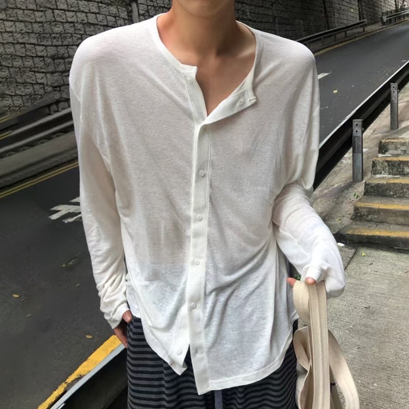 Single-Breasted Breathable Slightly See-Through Long-Sleeved Shirt for Men's Early Autumn Casual Wear