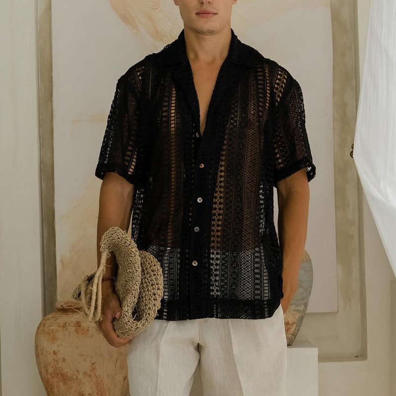 Hollowed-Out Loose Fit Lace Shirt for Men's Casual Summer Wear