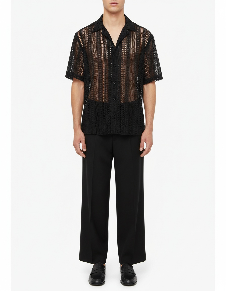 Hollowed-Out Loose Fit Lace Shirt for Men's Casual Summer Wear