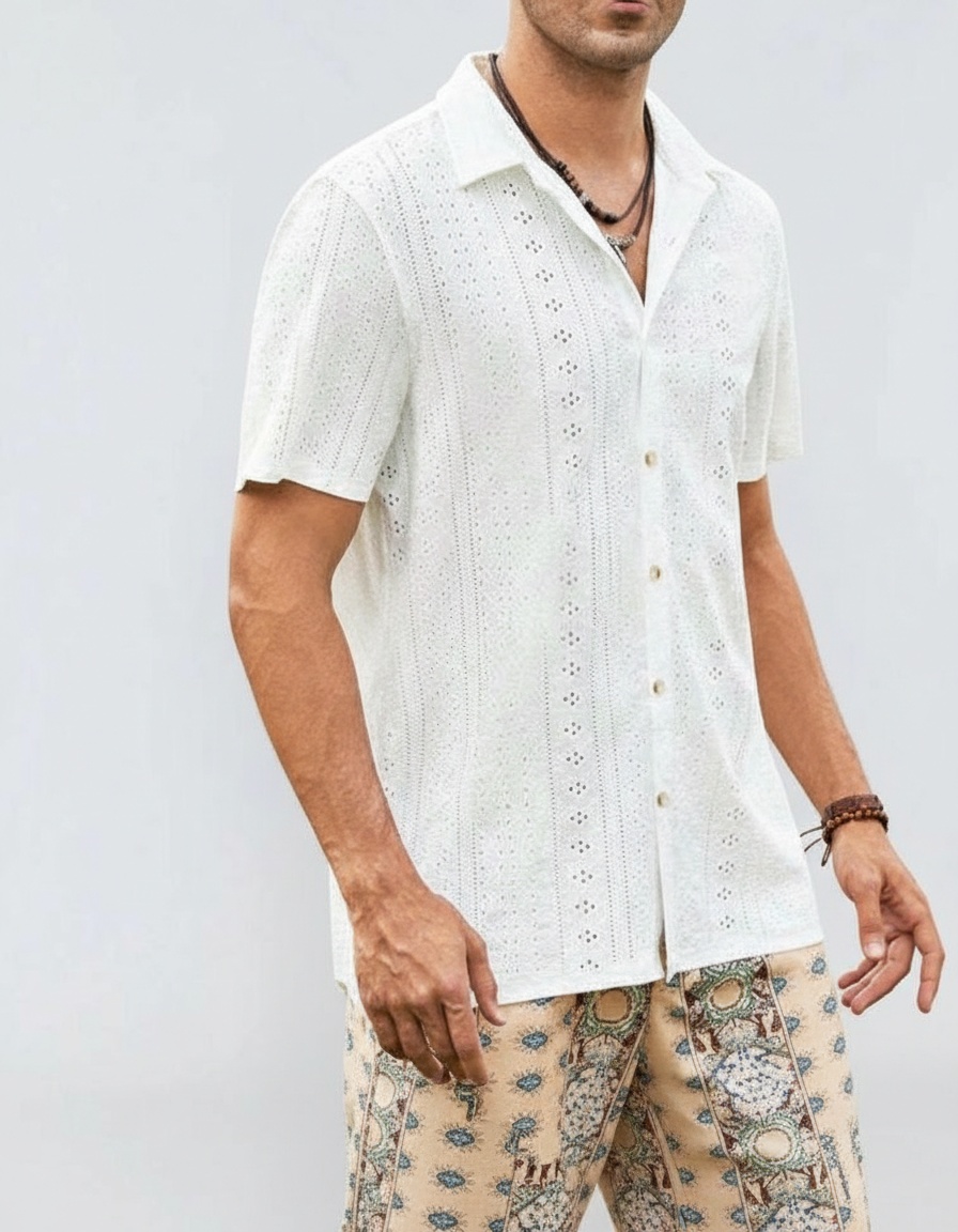 Hollow-Out Button-Down Summer Shirt for Men with Breathable Casual Fit