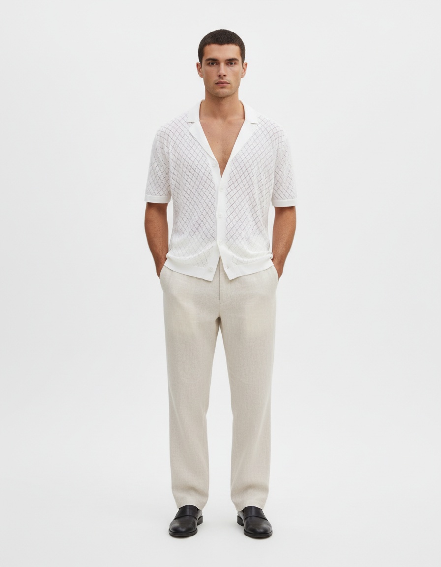 Knitted Breathable Button-Down Short-Sleeved Jacquard Shirt for Men's Casual Summer Wear