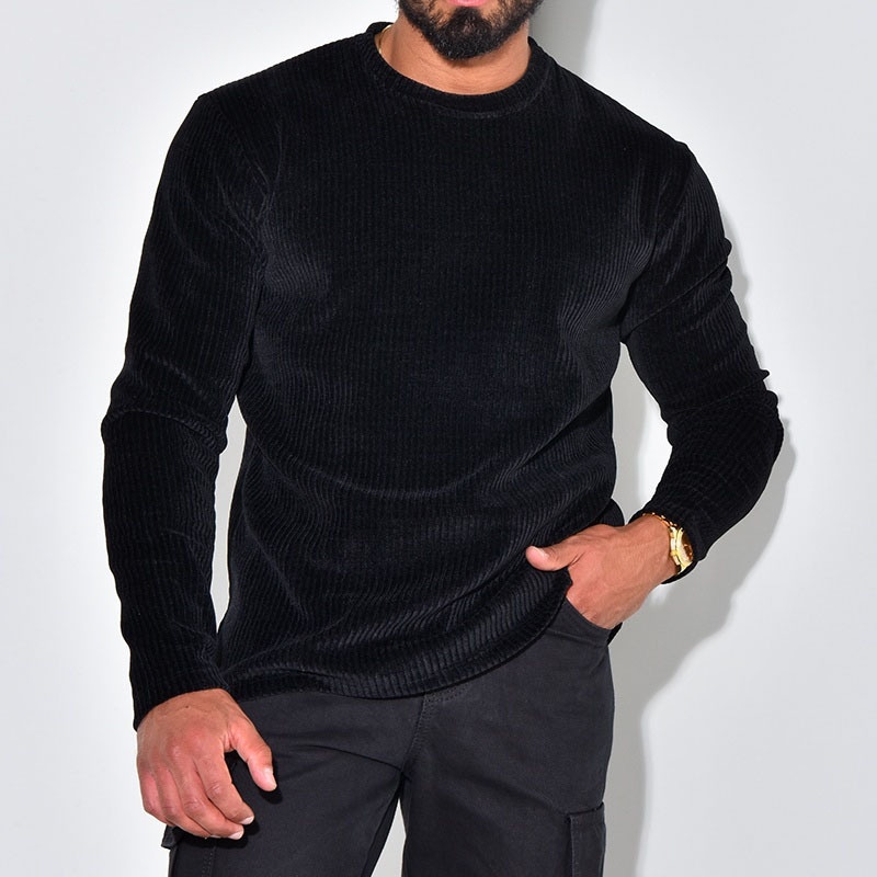 Effen corduroy T-shirt met ronde hals en lange mouwen voor heren, ademend en casual voor de winter.