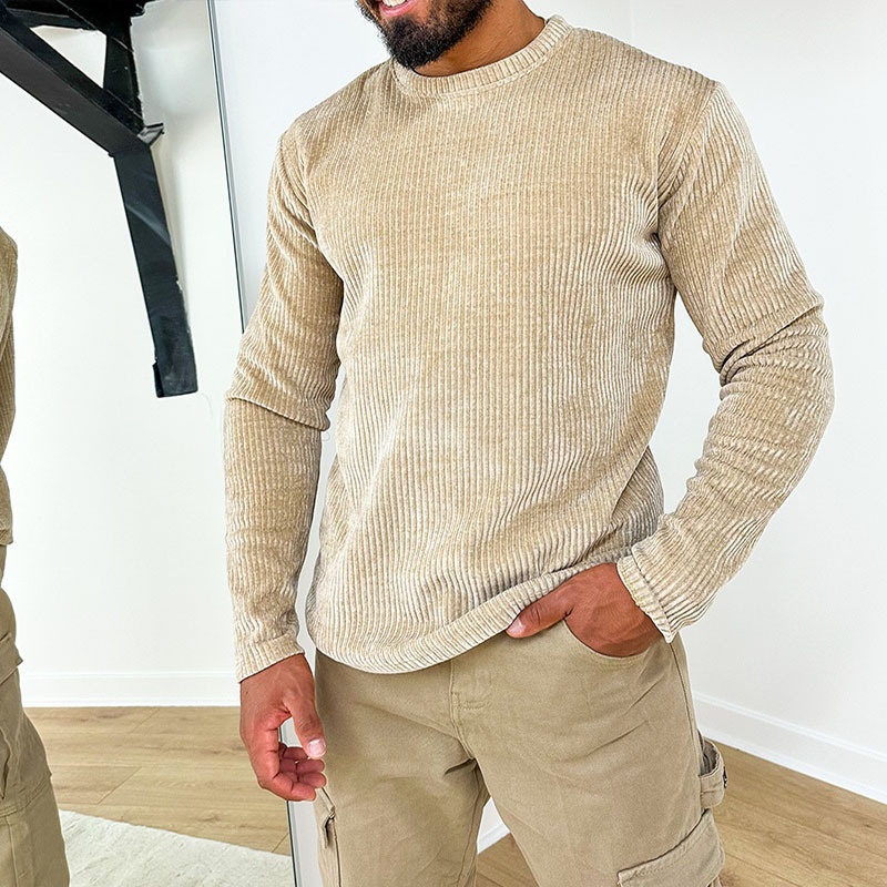 Effen corduroy T-shirt met ronde hals en lange mouwen voor heren, ademend en casual voor de winter.
