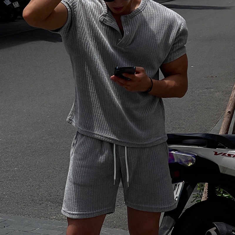 Loose Fit Breathable Cotton Blend T-Shirt and Shorts Sports Suit for Men's Casual Summer Wear